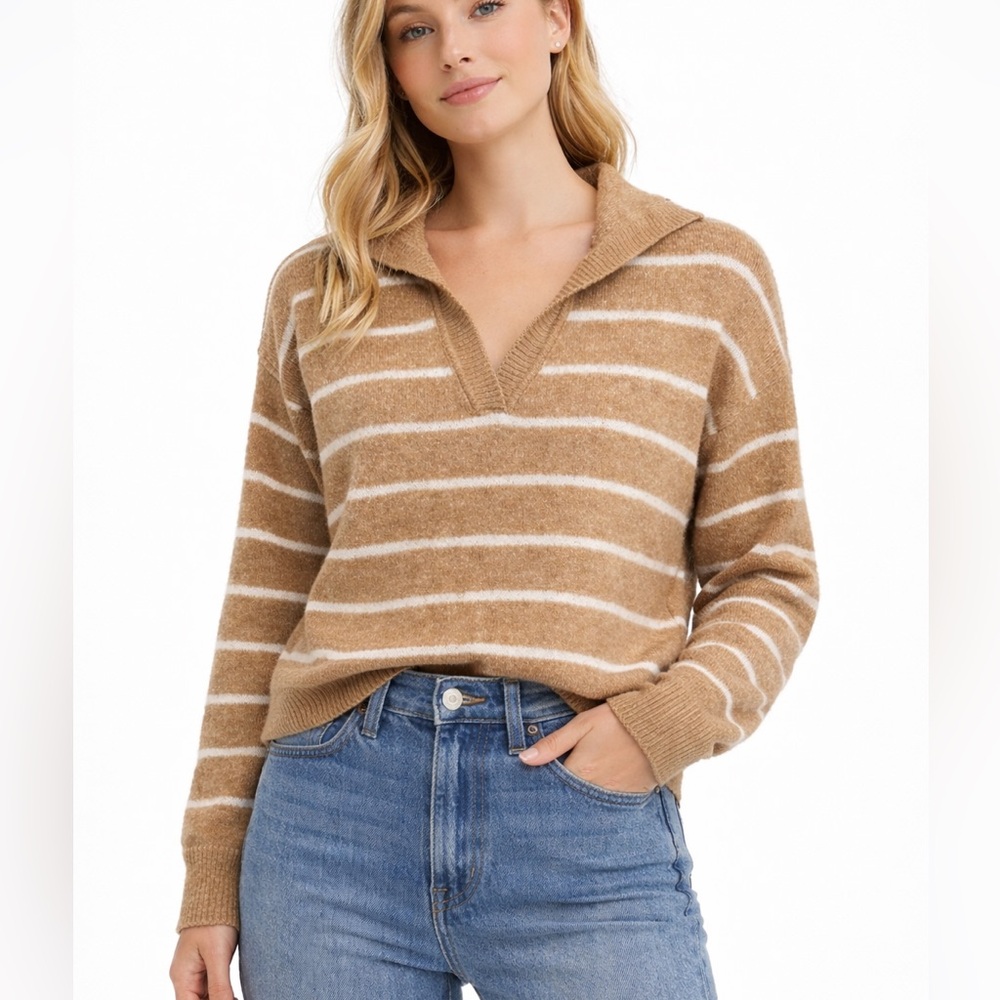 SHEIN Tan and White V-Neck Striped Sweater